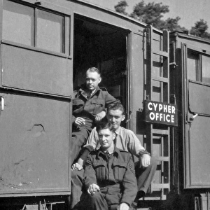 Three British soldiers outside Cypher Office, WW2