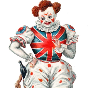 Clown with bottle and sausages on a Victorian scrap