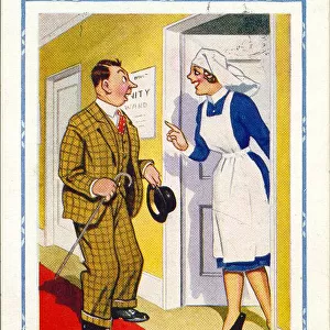 Comic postcard, New father with maternity nurse