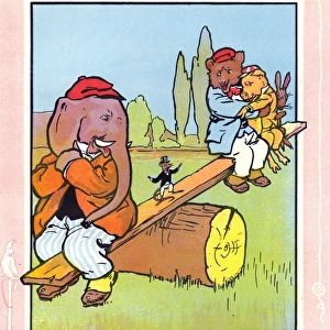 Elephant, bear, pig, rabbit and mouse on a seesaw