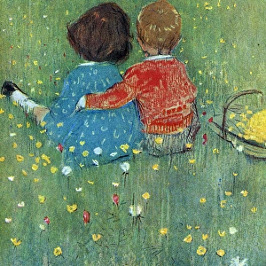 Girl and boy sitting on grass by Muriel Dawson
