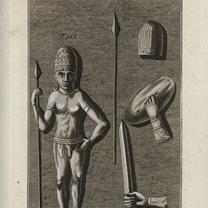 Indian warrior with spear, sword, shield