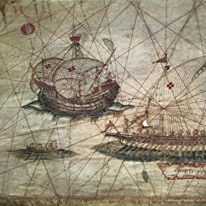 Portuguese galleys and caravels. Detail of a