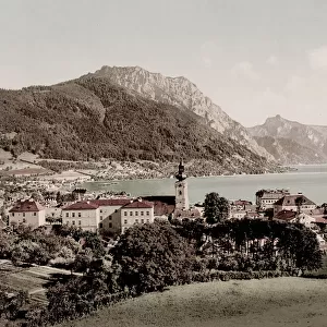 Vintage 19th century / 1900 photograph: town and lake, Gmunden, Austria