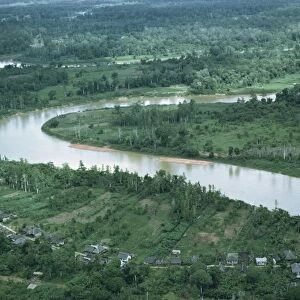 Aerial view of meanders in the East Kalimantan river in Borneo