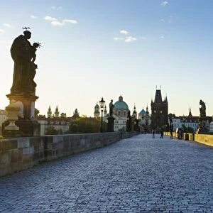 Early morning on Charles Bridge looking towards the Old Town, UNESCO World Heritage Site