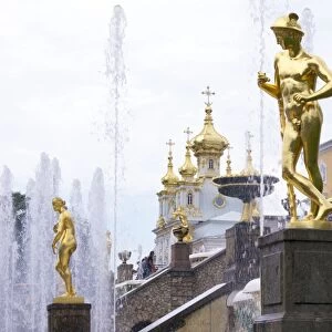 Golden statue of Hermes (Mercury), Grand Cascade, Peterhof (Petrodvorets), St. Petersburg, Russia, Europe