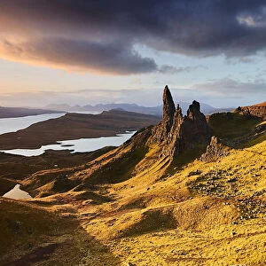 Old Man of Storr at a golden sunrise, Isle of Skye, Inner Hebrides, Scotland