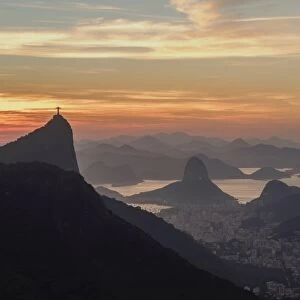 View towards Corcovado and Sugarloaf Mountains from Tijuca Forest National Park at dawn