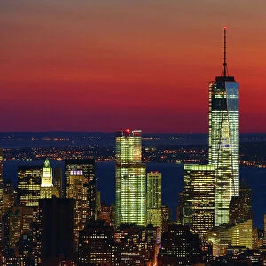 General view of the New York Manhattan city skyline at sunset and One World Trade Center ( 1 WTC ), New York. America