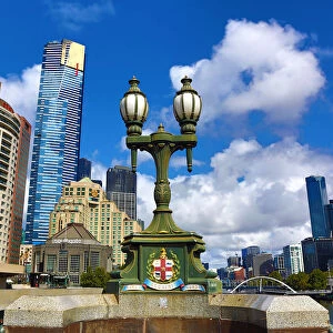 Skyline of the Southbank Promenade and lamps of the Princes Bridge, Melbourne, Victoria