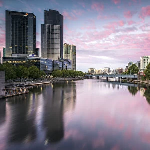 Melbourne, Victoria, Australia. Yarra river and city at sunrise, with RIalto towers