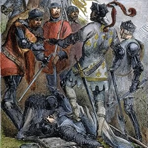 BATTLE OF POITIERS. King John of France (Jean Le Bon) surrenders to the Earl of Warwick, emissary of Edward, Prince of Wales, at the Battle of Poitiers, Sept. 19, 1356: wood engraving, English, 19th century
