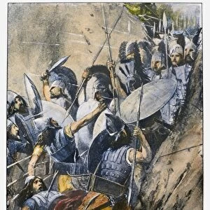 BATTLE OF THERMOPYLAE. The Greek defense at the pass of Thermopylae against the