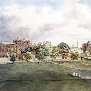 BOSTON: BEACON STREET. Beacon Street and the New State House seen from the Common. Copy of a watercolor by J. R. Smith, c1809