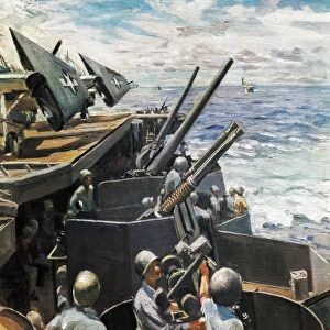 General Quarters. Men on deck of an aircraft carrier during World War II. Painting by Lieutenant Commander William Franklin Draper, April 1944