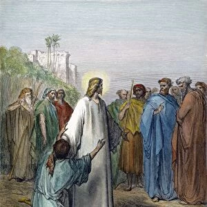 Jesus healing the man possessed with a devil (Luke 4: 36). Color engraving after Gustave Dor