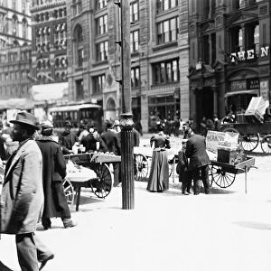 NEW YORK SCENE, 1895. A scene on Park Row in Lower Manhattan, New York City