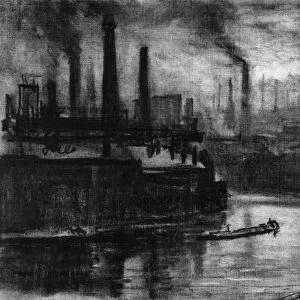 PENNELL: LONDON, 1908. Factories in East London, England. Charcoal drawing by Joseph Pennell