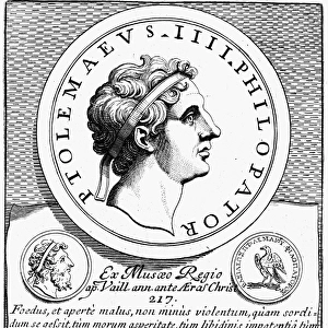 PTOLEMY IV (d. 205 B. C. ). Called Ptolemy Philopator. King of Egypt, 221-205 B. C. Medallion of Ptolemy IV in 217 B. C. Copper engraving, 17th century
