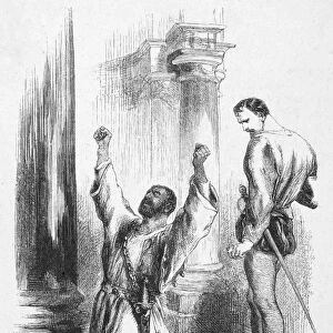 SHAKESPEARE: OTHELLO. Iago poisons Othellos mind with suspicion against Desdemona (Act III, Scene III) in William Shakespeares Othello. Wood engraving after Sir John Gilbert