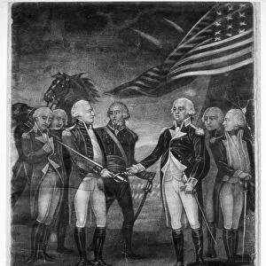 The surrender of British General Charles Cornwallis to General George Washington at Yorktown, Virginia, ending the fighting in the American Revolution, 19 October 1781. Engraving, American, 1812