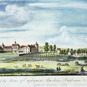 A view of the House of Employment, Almshouse, Pennsylvania Hospital and part of the City of Philadelphia: colored line engraving, c1767