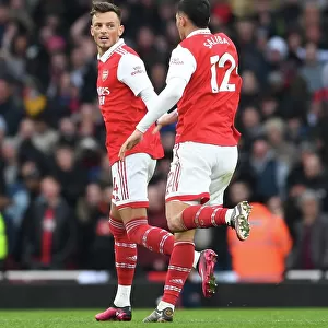 Arsenal's Ben White and William Saliba: Celebrating Goals in Premier League Victory Over AFC Bournemouth (2022-23)