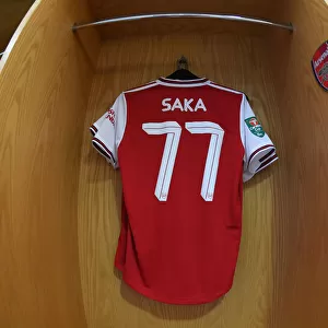 Arsenal's Bukayo Saka in the Changing Room Before Arsenal v Nottingham Forest Carabao Cup Match