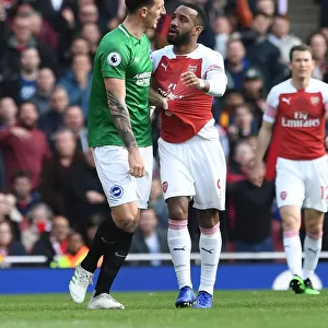 Arsenal's Lacazette and Dunk in Deep Conversation During Arsenal v Brighton Match