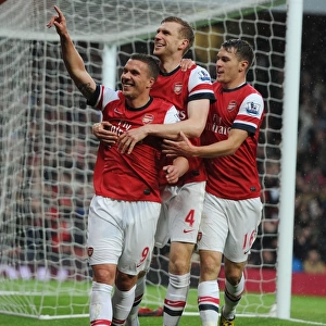 Celebrating a Goal: Podolski, Mertesacker, and Ramsey (Arsenal vs. Wigan Athletic, 2012-13)