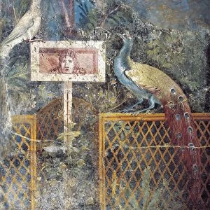 Ancient Roman fresco with birds and tragic theatre mask, 1st Century