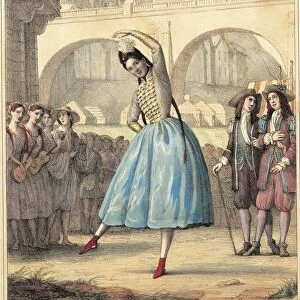 Austria, Vienna, ballerina Fanny Elssler (1810 - 1884) performing the Cracovienne steps in La Gipsy by, color engraving