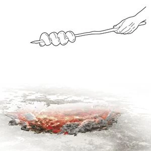 Digital composite illustration of hand holding damper bread dough rolled around stick above camp fire embers