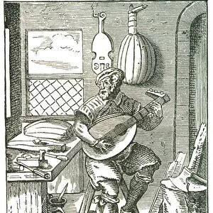 Lute Maker in his workshop. Woodcut by Jost Amman (1535-1591)