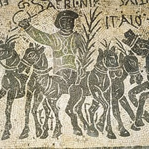 Mosaic depicting a quadriga during chariot racing in circus