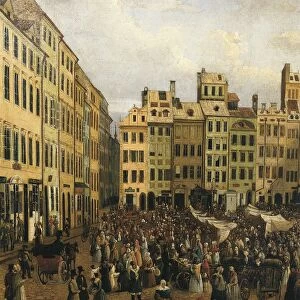 Poland, Warsaw, Painting of Old Town Square on market day