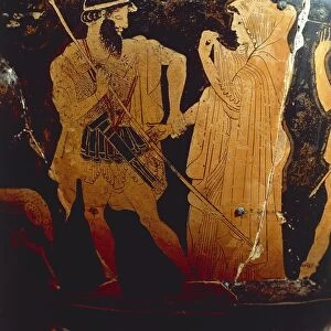 Red-figure pottery, skyphos by Hieron the potter, detail with the capture of Briseis, Greek civilization, 480 B. C