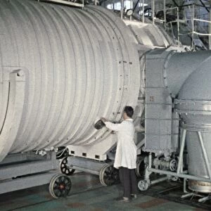 Soviet space probe venera 5 or 6 being tested in a pressure chamber, 1968, this is a still from the film the storming of venus, produced by e, kuzis at the tsentrnauchfilm central scientific film studio, released on may 17, 1969