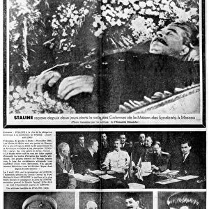 Spread of l Humanite, Paris, 7 March 1953 reporting on the death of Joseph Stalin