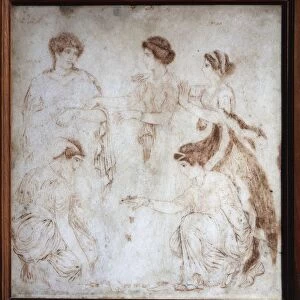 Women playing knucklebones (astragaloi) and standing figures of goddesses Latona, Niobe and Phoebe from Italy, Bay of Naples, Herculaneum, painting on marble