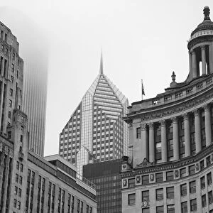 architecture, black and white, building, chicago, city, cityscape, day, fog, highrise