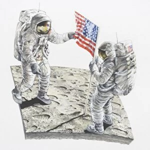 Two astronauts on the moon, USA flag flying