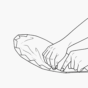 Black and white illustration of wrapping fish in baking parchment parcel