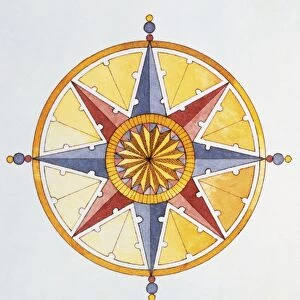 Compass in shape of circle yellow, blue and orange in color, with eight points that around the circumference derived from star