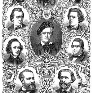 Famous composers of the 19th century: richard wagner, franz liszt, daniel francois esprit auber, edvard h. grieg, johannes brahms, anton rubinstein, felix mendelsohn-bartholdy, niels w. gade, chrles gounod, giuseppe verdi
