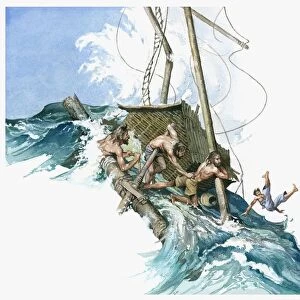 Illustration of Kon-Tiki crew gripping raft as huge wave from storm threatens to submerge them in water as man falls into sea