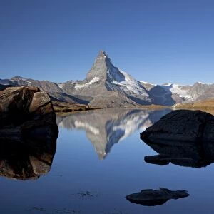 Morning mood with the Matterhorn reflected in Lake Stellisee, Zermatt, Valais, Swiss Alps, Switzerland, Europe, PublicGround