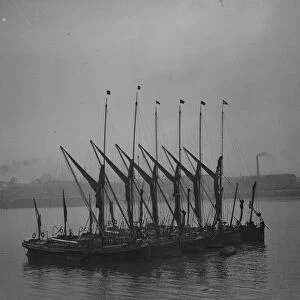Thames barges moored up on the river. 1939