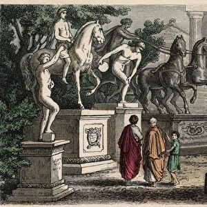 Ancient Greece: Olympic champions statues erected in Olympia, 1866 (coloured engraving)